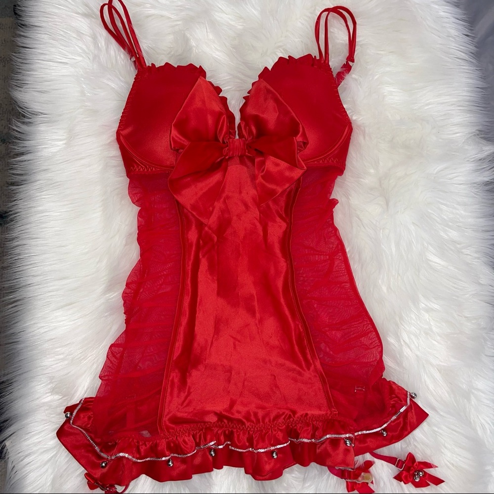 34B VS Victoria’s Secret Red Bow Babydoll Garter jingle bell nightie dress slip - Picture 15 of 16